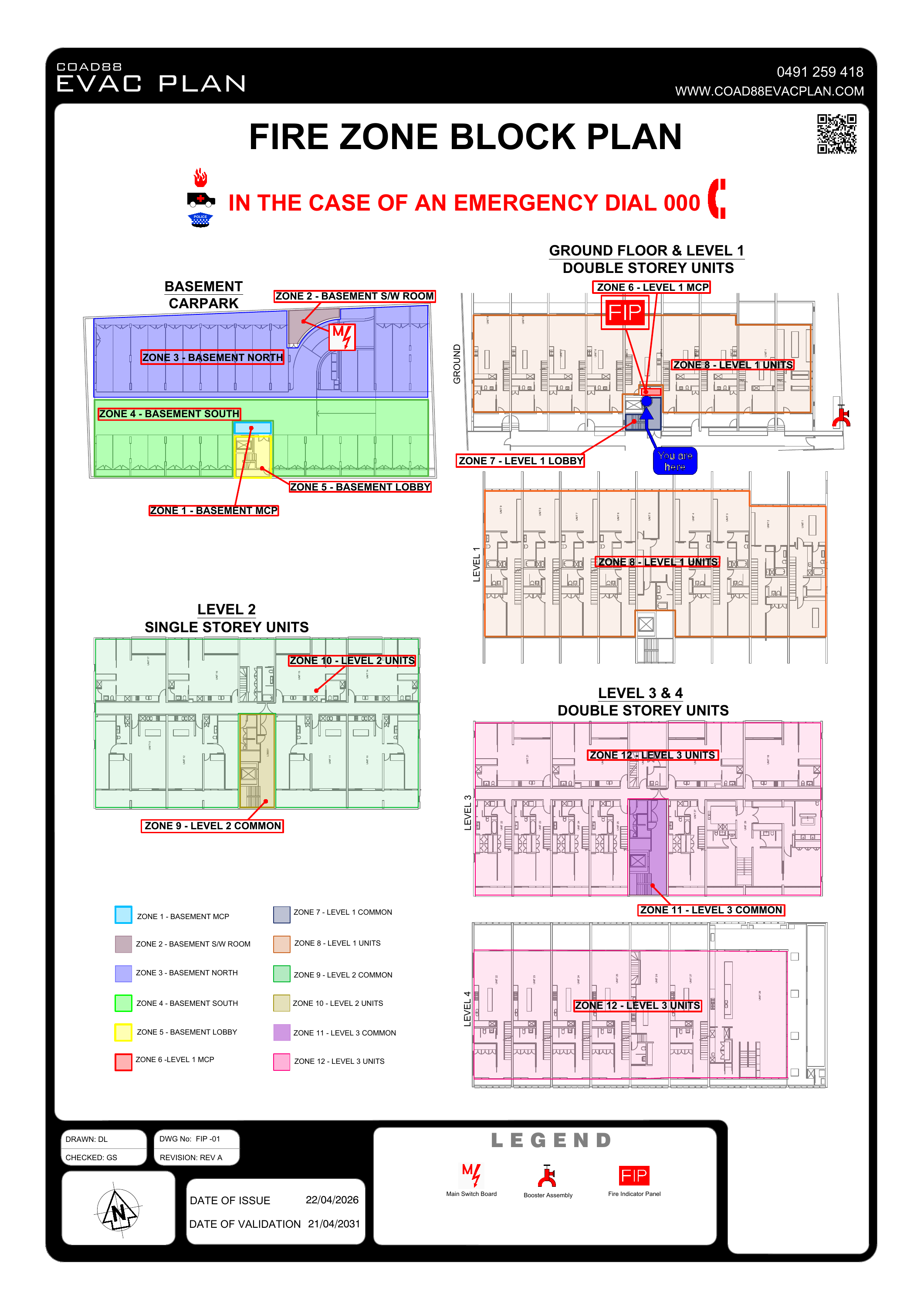 Fire zone block plan by COAD88 EVAC PLAN showing colour-coded fire alarm zones across multiple building levels.
