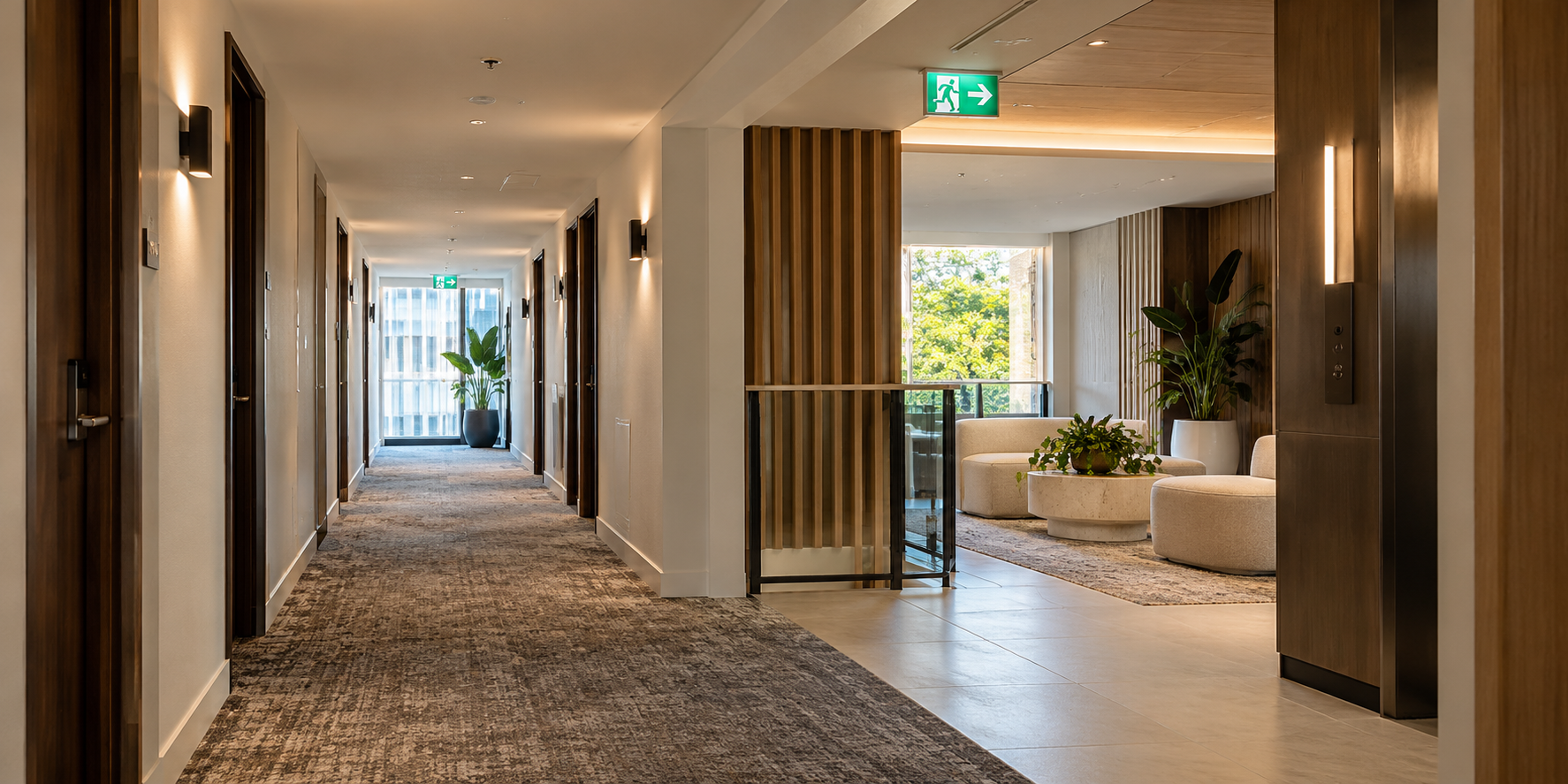 Modern hotel corridor with guest-room doors and clearly marked emergency exits.