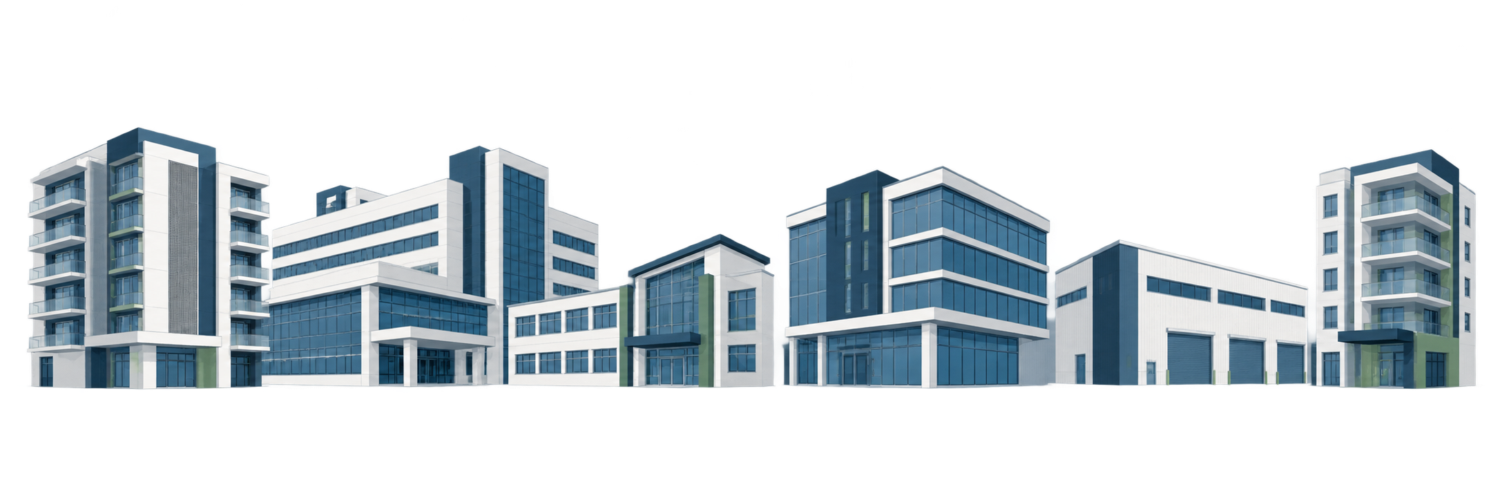 Different types of buildings served by COAD88 EVAC PLAN, including apartments, healthcare, education, commercial and industrial facilities.