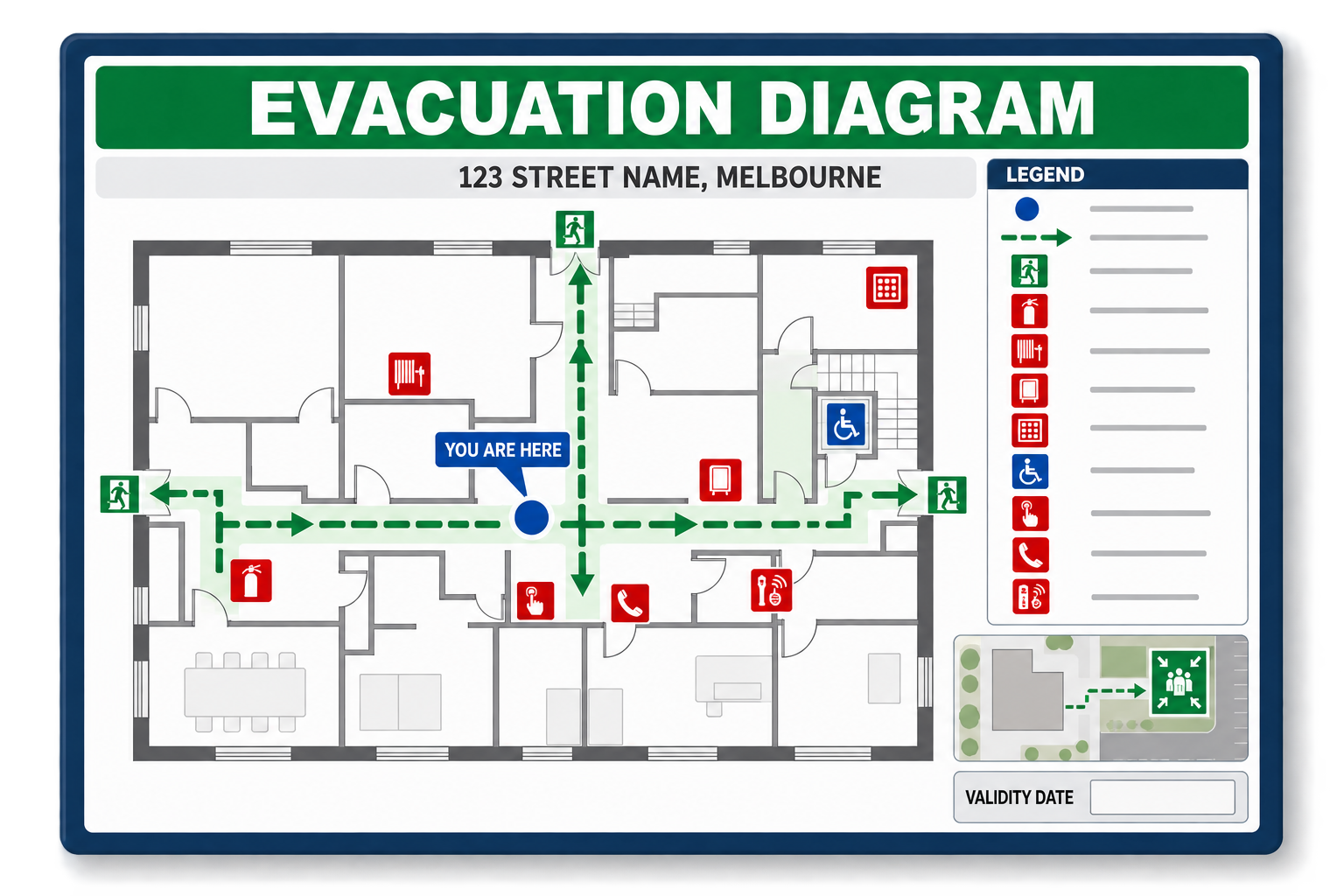 Illustrative evacuation diagram showing a floor plan, You Are Here marker, green exits and travel paths, assembly area, emergency equipment, communication points, legend and validity date.