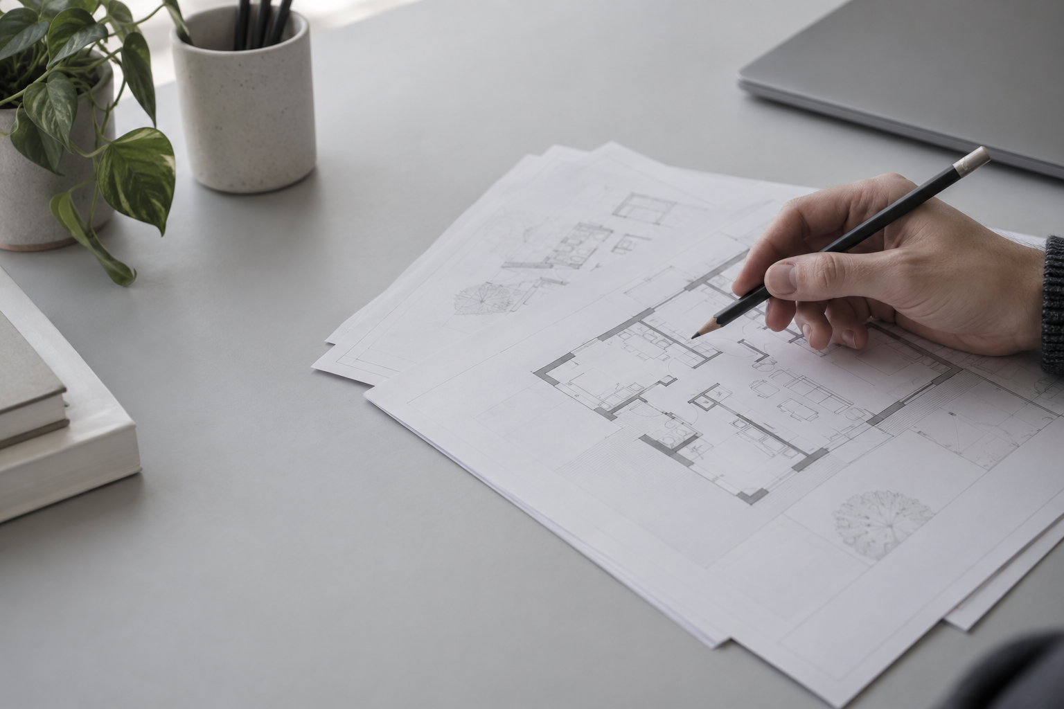 uilding floor plans being reviewed with a pencil on a clean desk.