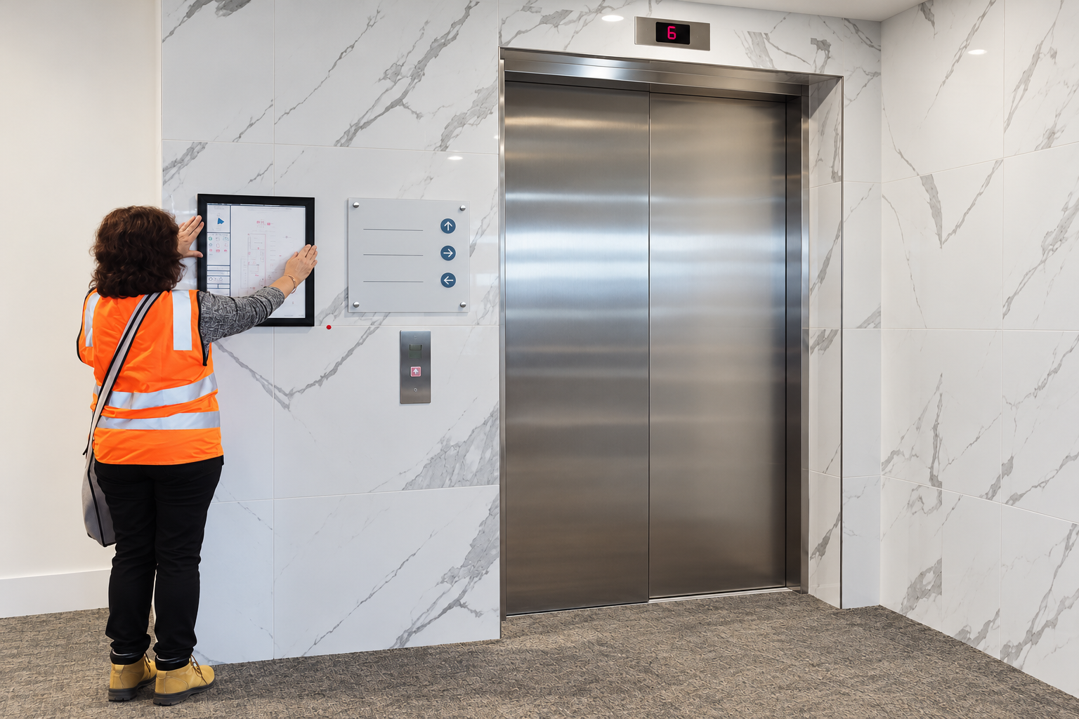 COAD88 EVAC PLAN team member positioning an evacuation diagram beside a hotel lift.