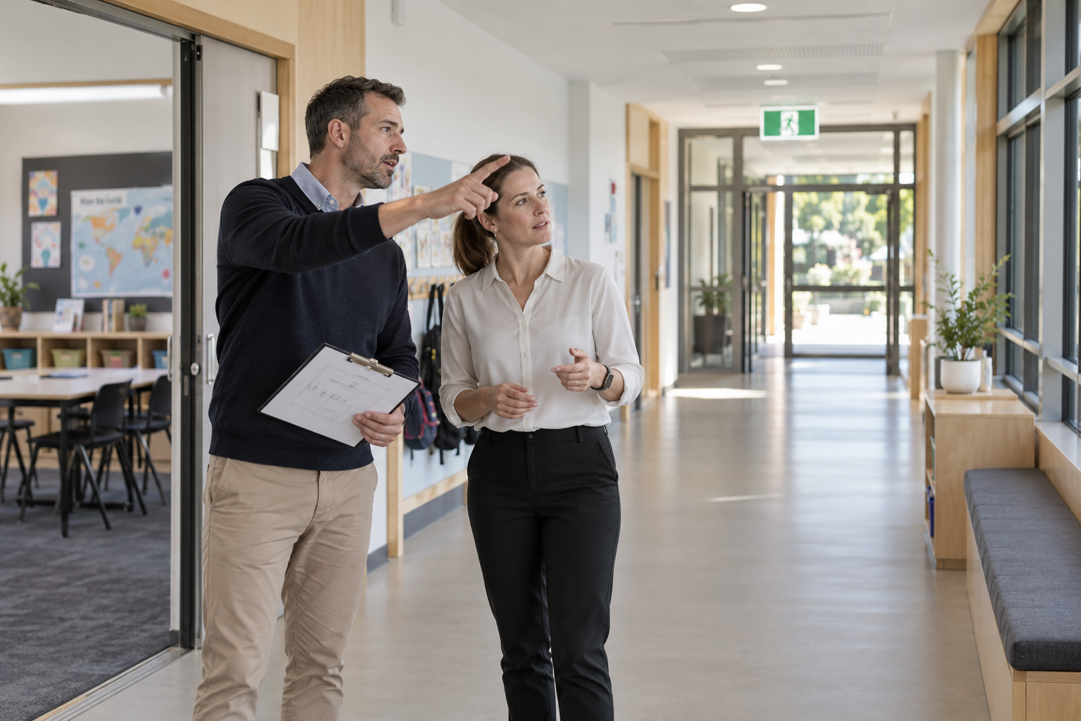 Two professionals reviewing evacuation routes during a school site inspection.