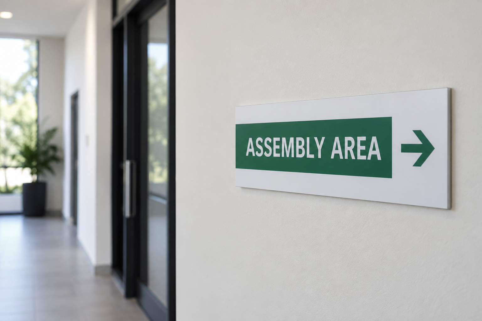 Assembly-area directional sign with a right-pointing arrow in a building corridor