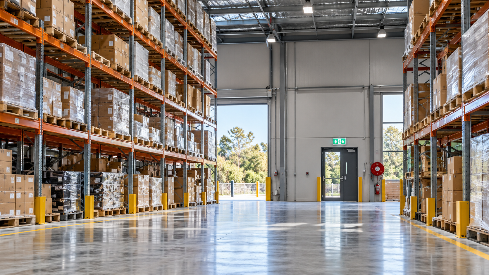 Clean warehouse aisle with pallet racking, emergency exit signage and an unobstructed path of travel