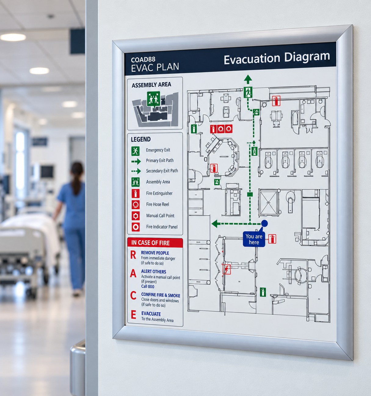 COAD88 EVAC PLAN evacuation diagram installed in a hospital healthcare facility, showing evacuation routes, exits and fire equipment.