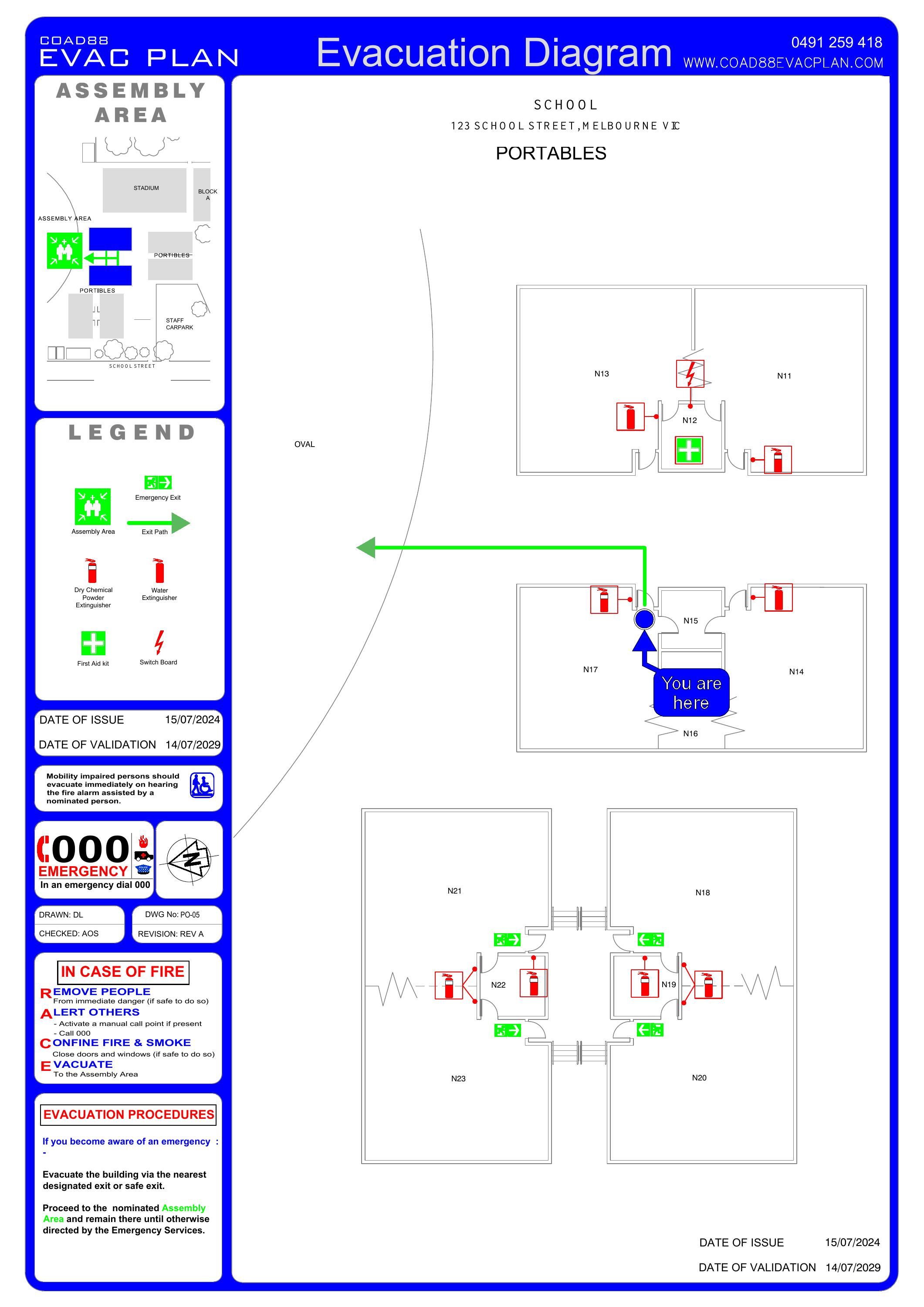 School evacuation diagram showing emergency exits, evacuation routes, assembly areas and emergency equipment.