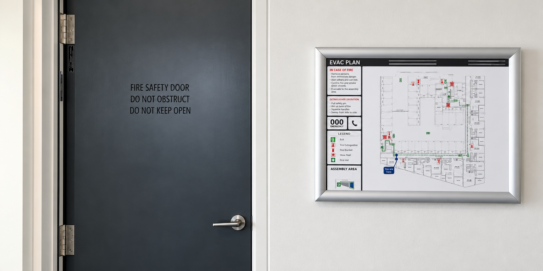 ramed evacuation diagram installed beside a fire-safety door in an accommodation facility.