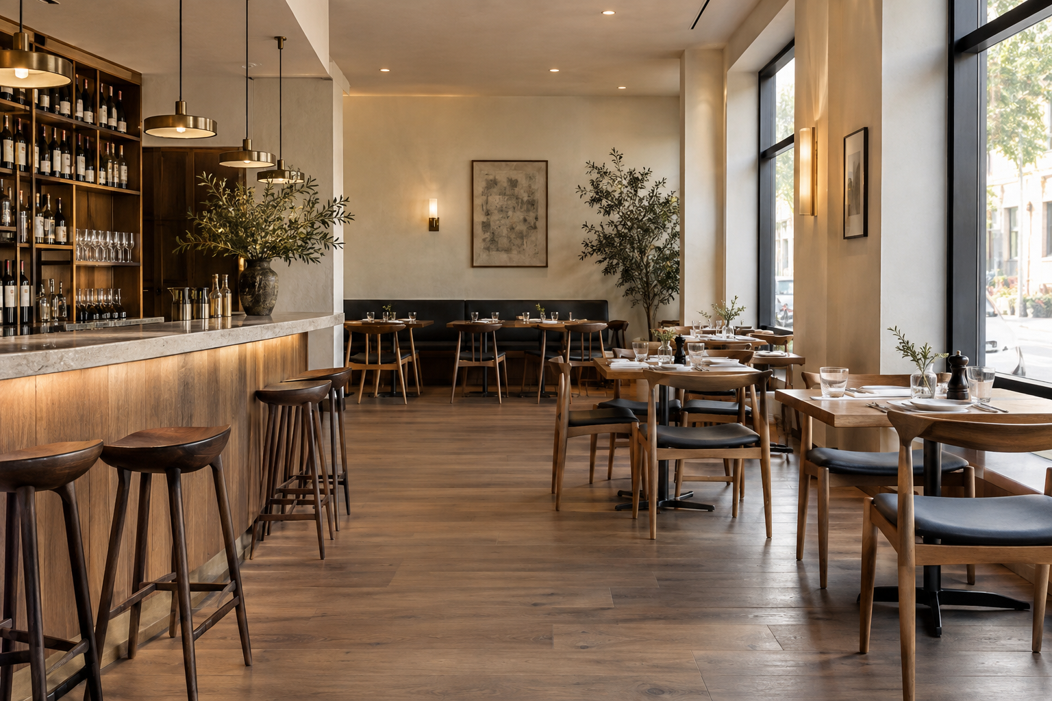 Contemporary restaurant interior with a bar counter and dining areas.