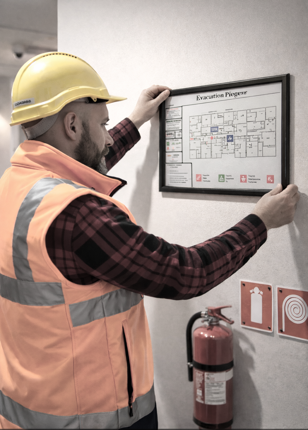 Technician installing an AS 3745 compliant evacuation diagram inside a workplace.