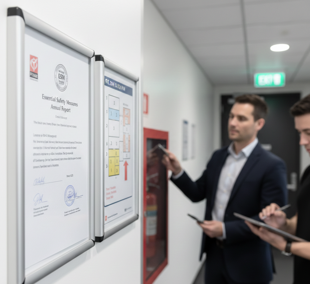 Professional reviewing an Essential Safety Measures annual report and fire zone block plan in a Melbourne office