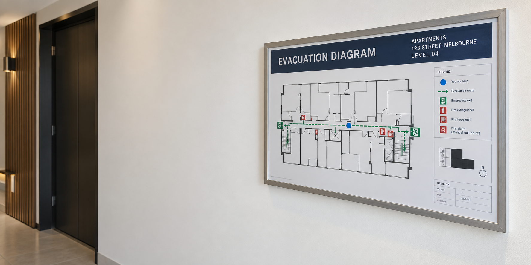 Framed evacuation diagram installed for review and updating in a Melbourne apartment building