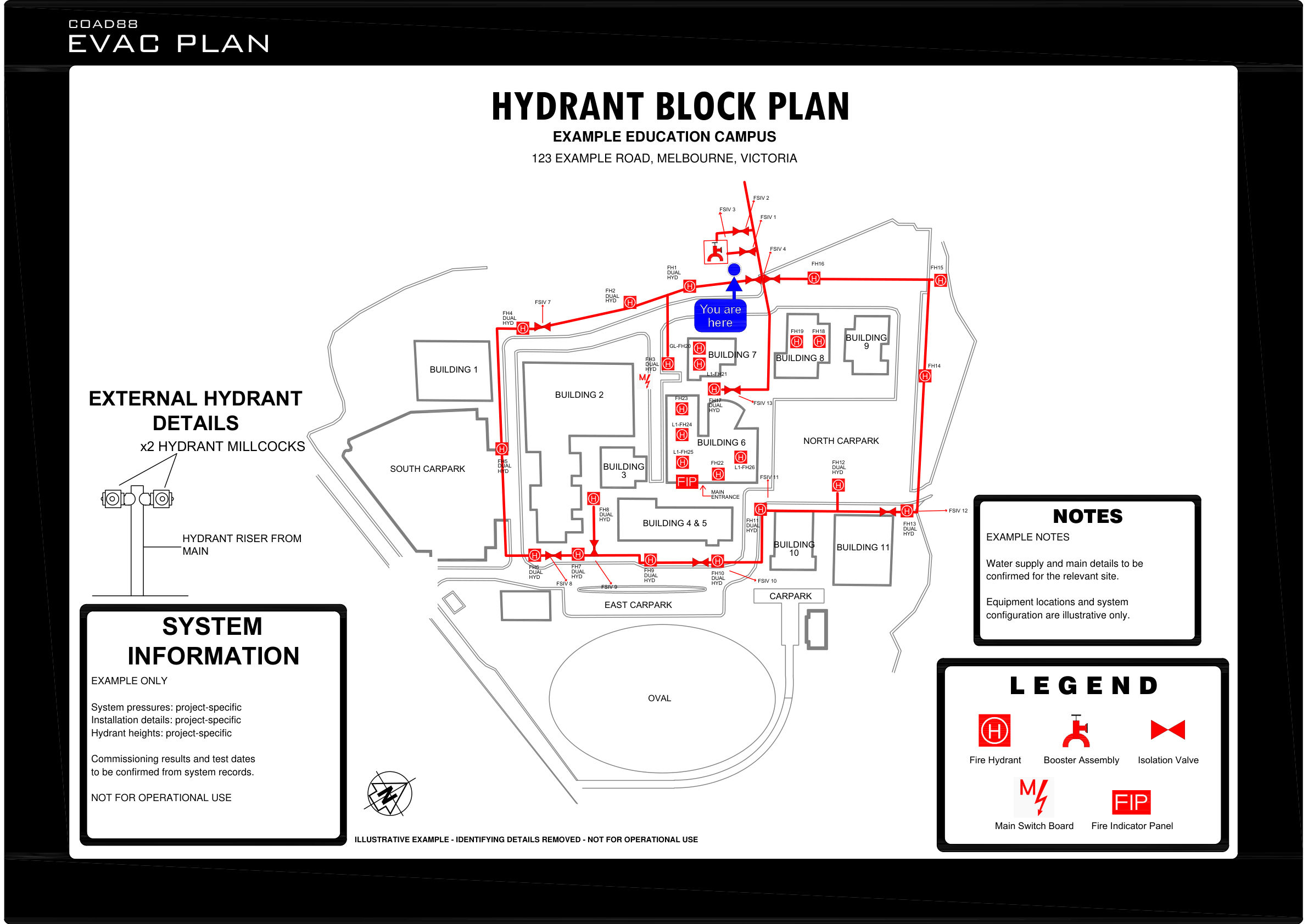xample fire hydrant block plan by COAD88 EVAC PLAN showing hydrants, isolation valves, booster connections and pipework across a multi-building site.