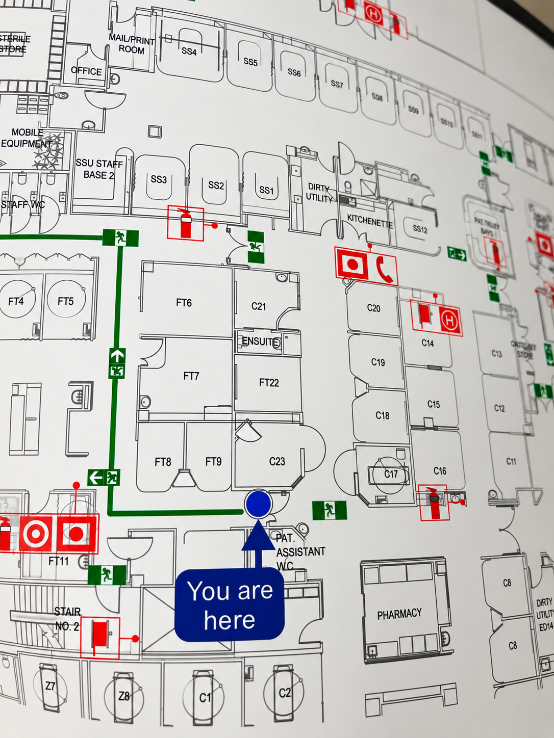 COAD88 EVAC PLAN evacuation diagram installed in a Melbourne healthcare facility, showing evacuation routes, emergency exits and fire equipment.