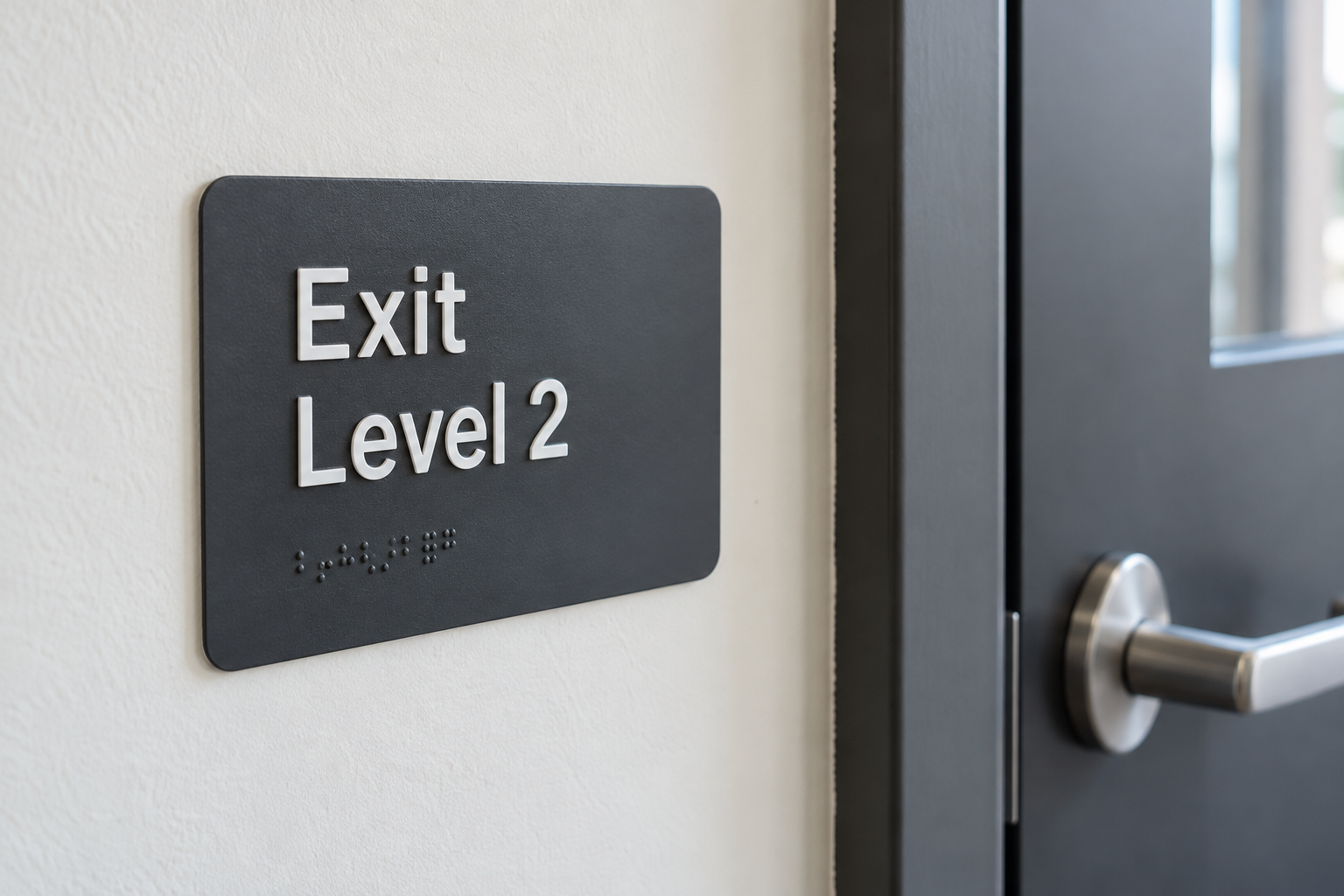 Raised-letter exit-level sign with tactile dots beside a stairwell door
