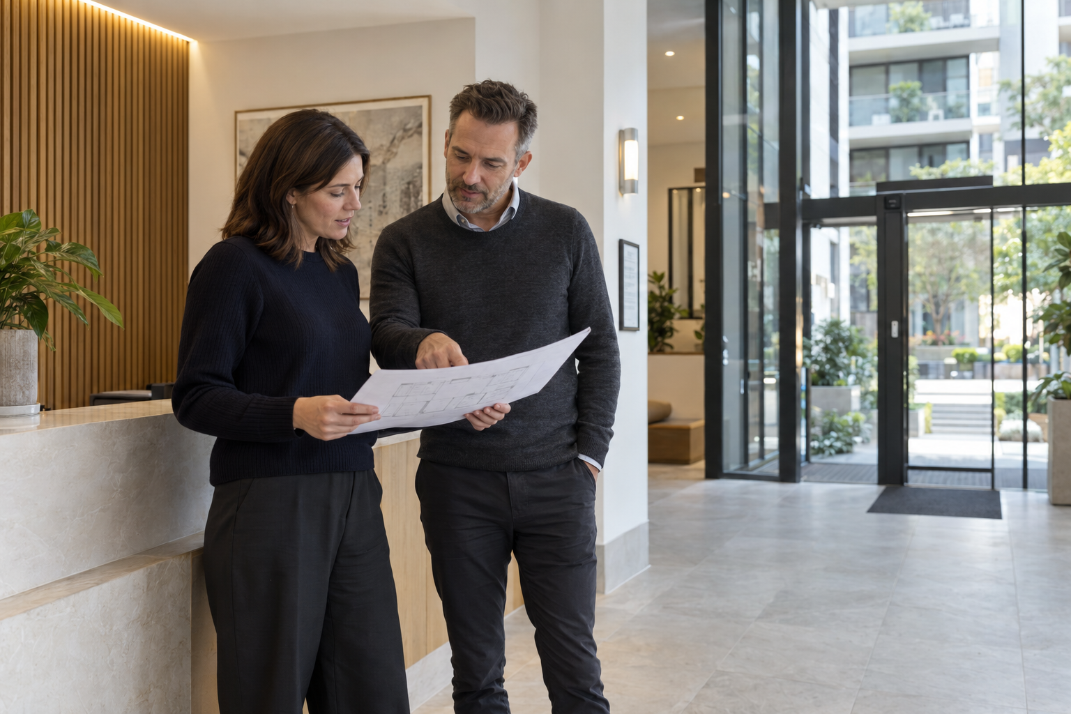 Two professionals discussing building plans in an apartment foyer