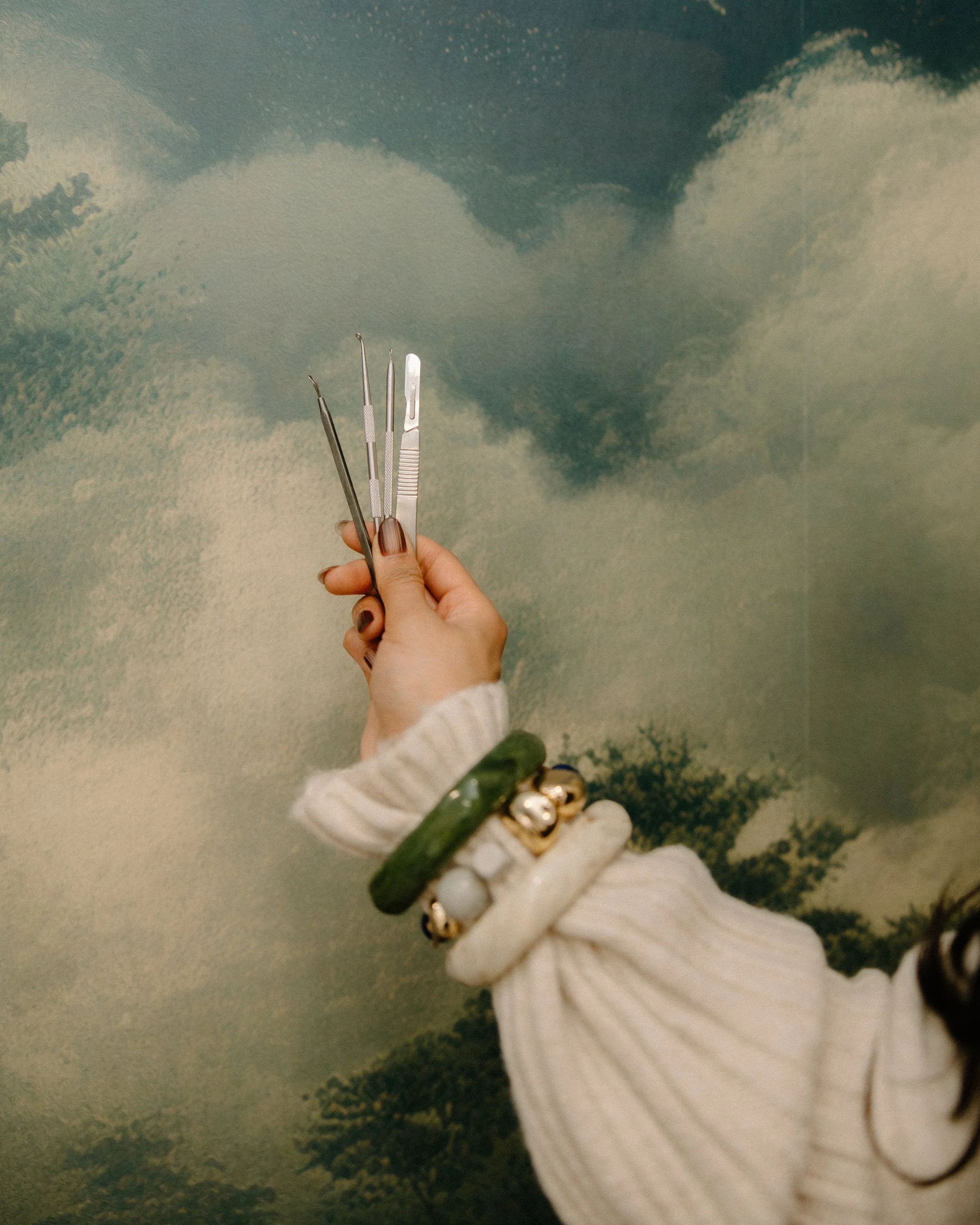 Person holding four dental tools over a landscape painting with trees and clouds.