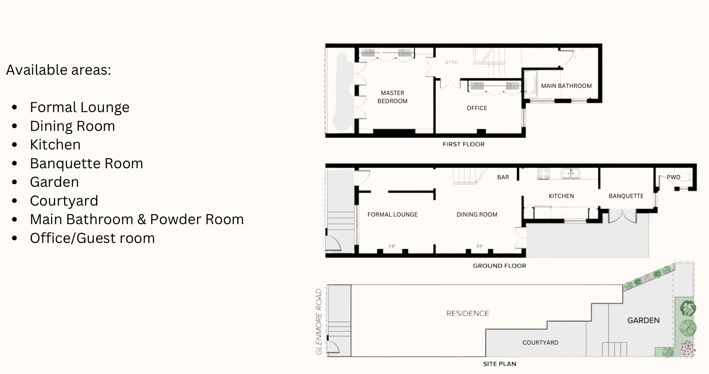 Floor plans for a residential property showing a ground floor, first floor, and site plan, with labels for rooms and areas including formal lounge, dining room, kitchen, banquette, courtyard, garden, main bathroom, powder room, office, guest room, and attic.