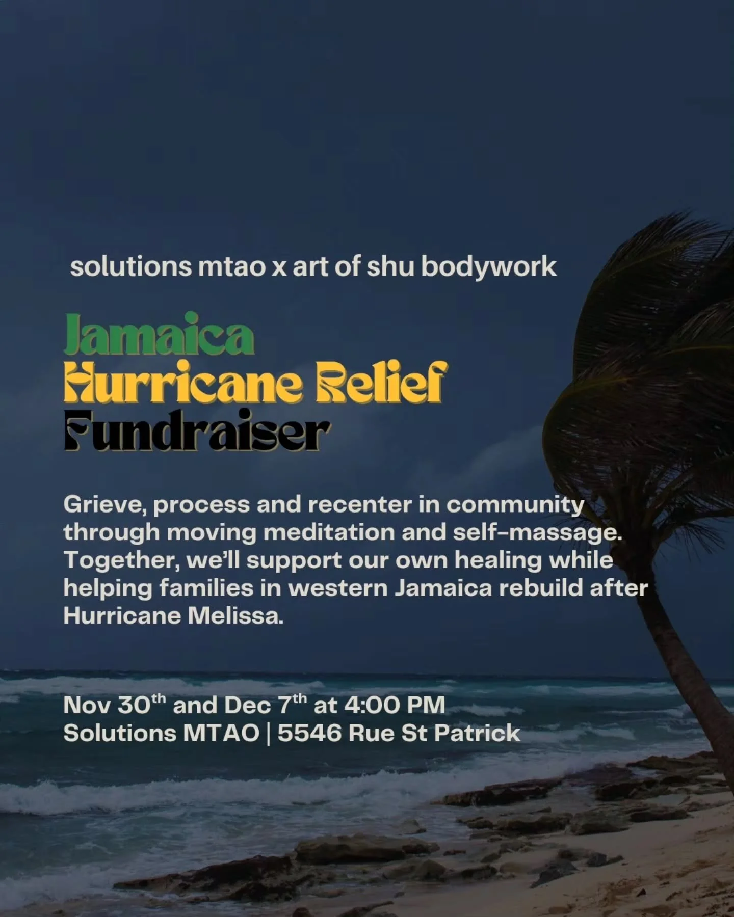 A space to heal and recenter together. 🇯🇲

✨ All generations welcome.
✨ Bring your friends and family.
✨ Let community care hold you.

Register www.artofshu.com | Jamaica hurricane relief fundraiser