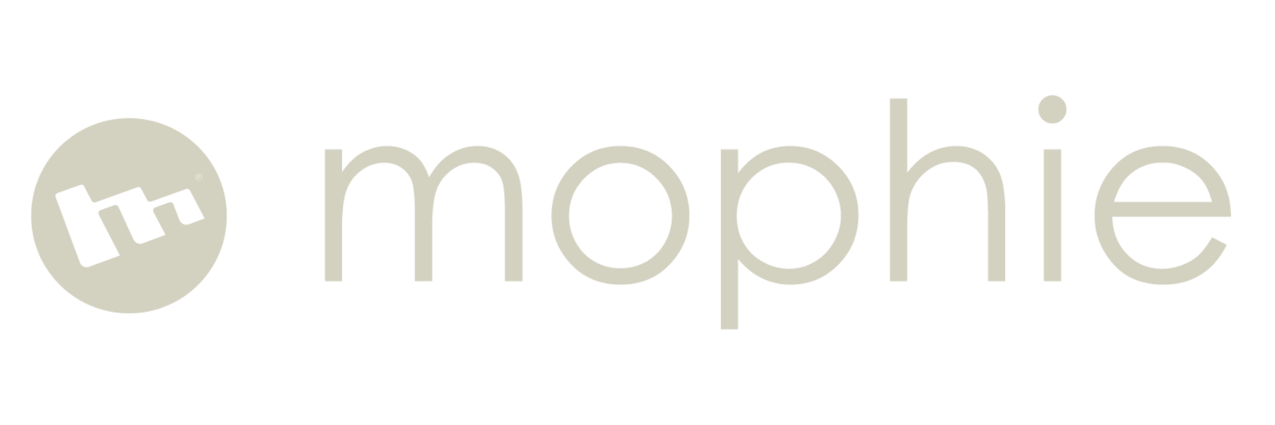 The logo features a light gray circle with a stylized black letter 'm' inside, followed by the word 'mophie' in lowercase light gray letters.