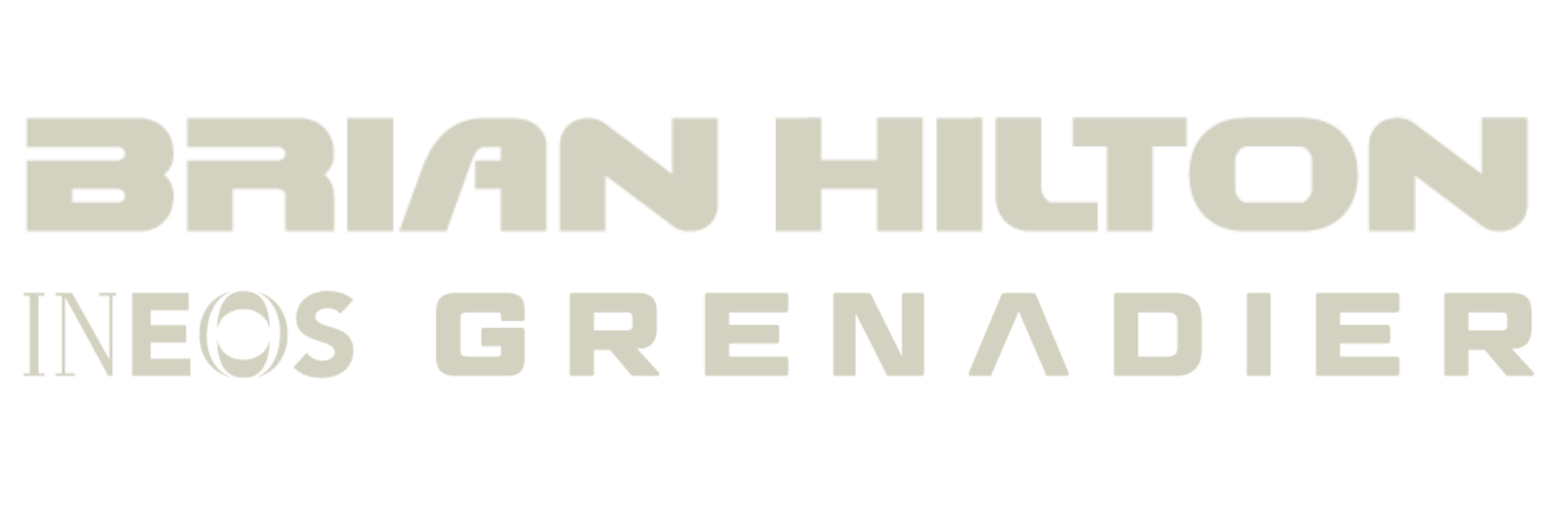 Logo with the text 'BRIAN HILTON INEOS GRENADIER' in a futuristic font, with the 'O' in 'INEOS' stylized as a circular symbol.