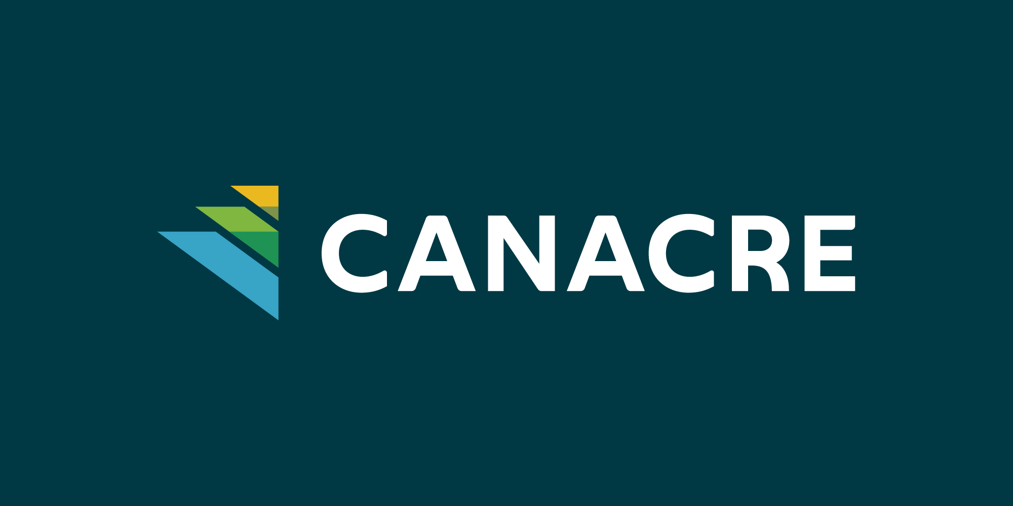 CANACRE logo with stylized striped triangle symbol in yellow, green, light blue, and dark blue on a dark teal background.
