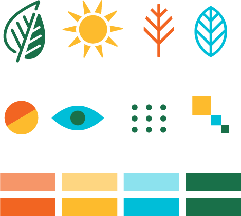 Collection of colorful icons including leaves, sun, eye, and geometric shapes.