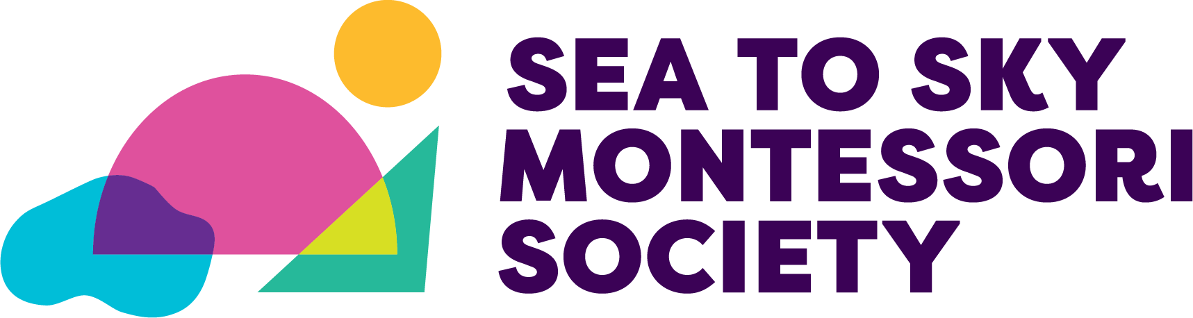 Colorful logo of Sea to Sky Montessori Society featuring abstract shapes and text.