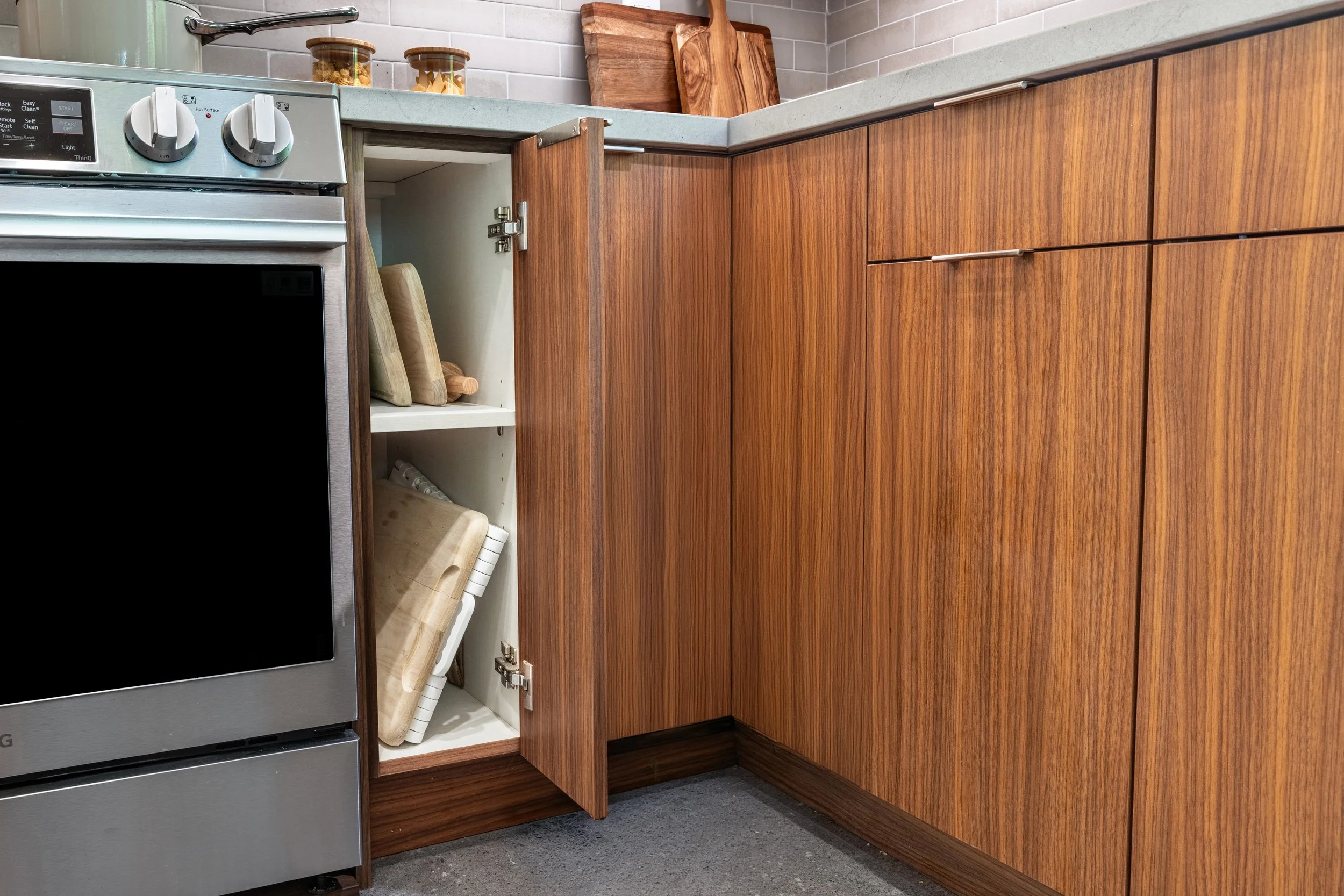 Interior corner cabinet storage designed to maximize kitchen organization and improve accessibility.