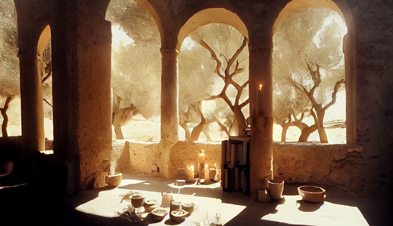 Mediterranean monastery study: olive trees and holy books 🕊
.
.
.
#mediterranean #monastery  #spiritualart #olivetree #cloisters #sacredspace #holybook #monk #digitalart #midjourney #aiart