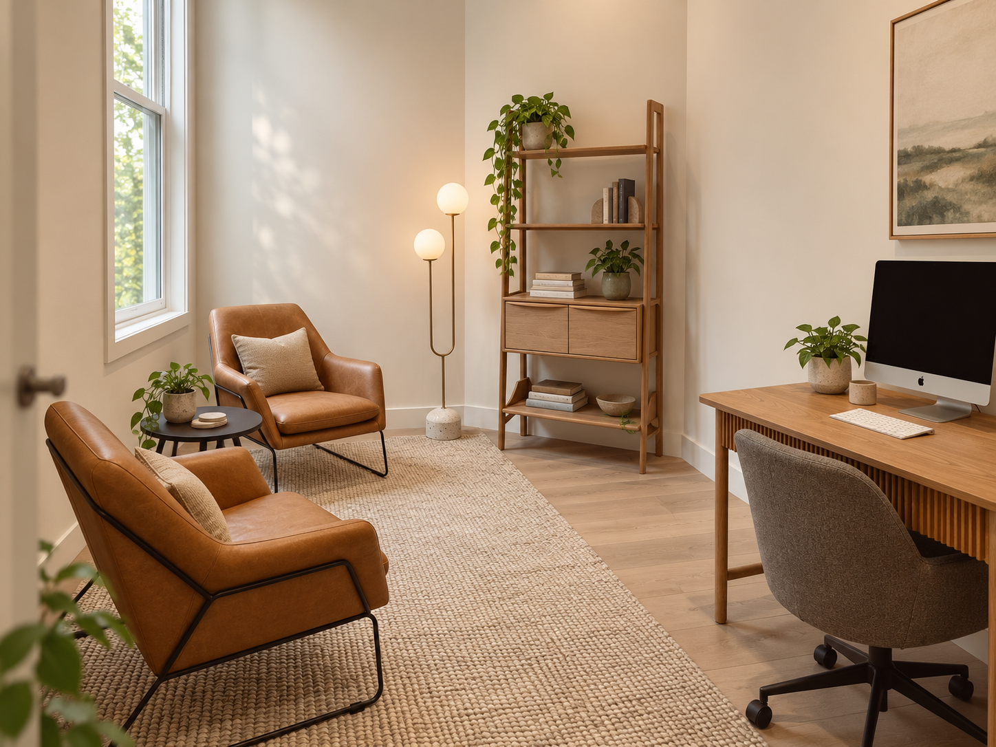 Illustrative consulting room with tan chairs, inspired by Melbourne Private Psychology’s rooms