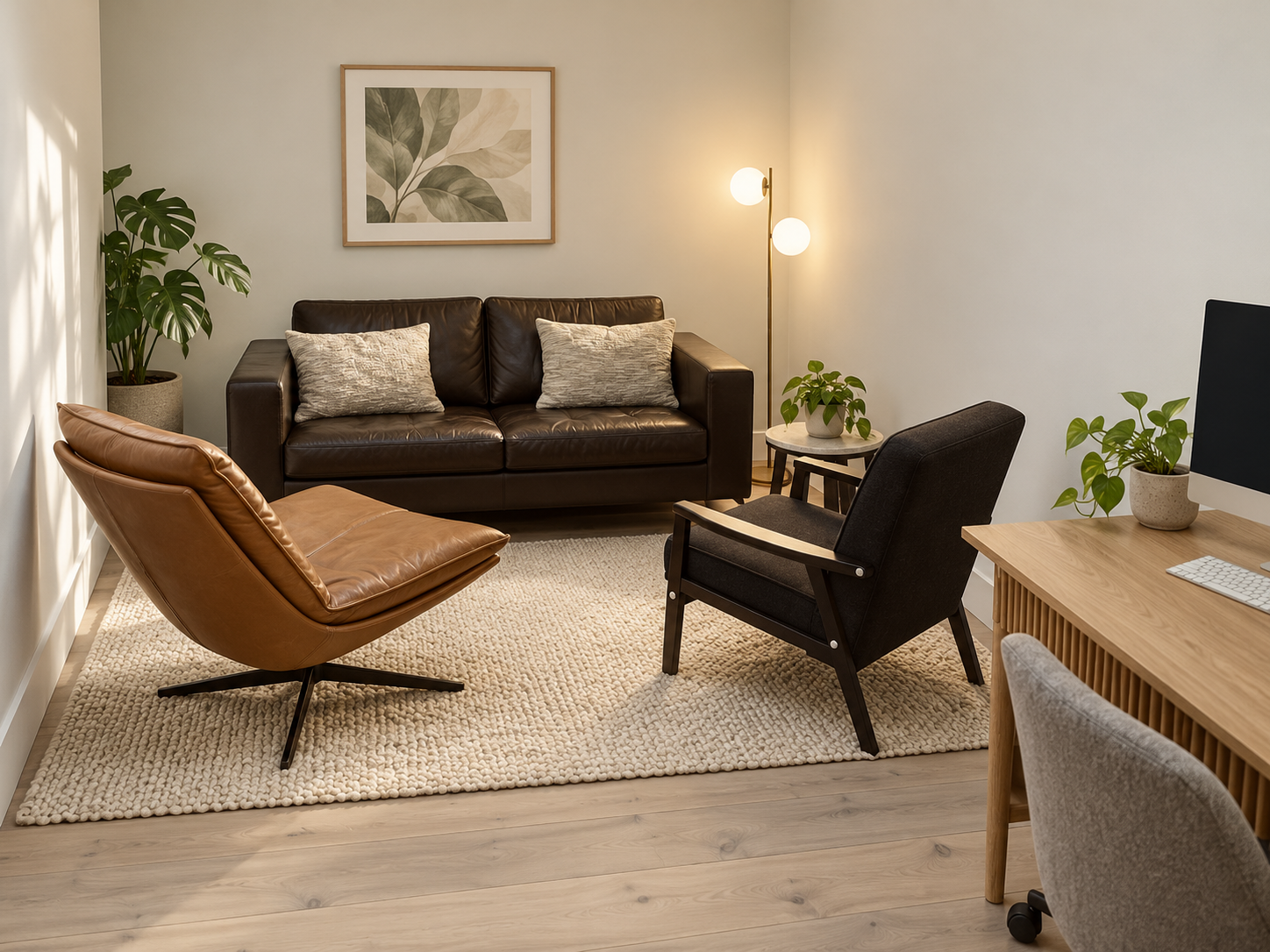 Illustrative assessment space with sofa and chairs, inspired by Melbourne Private Psychology’s rooms