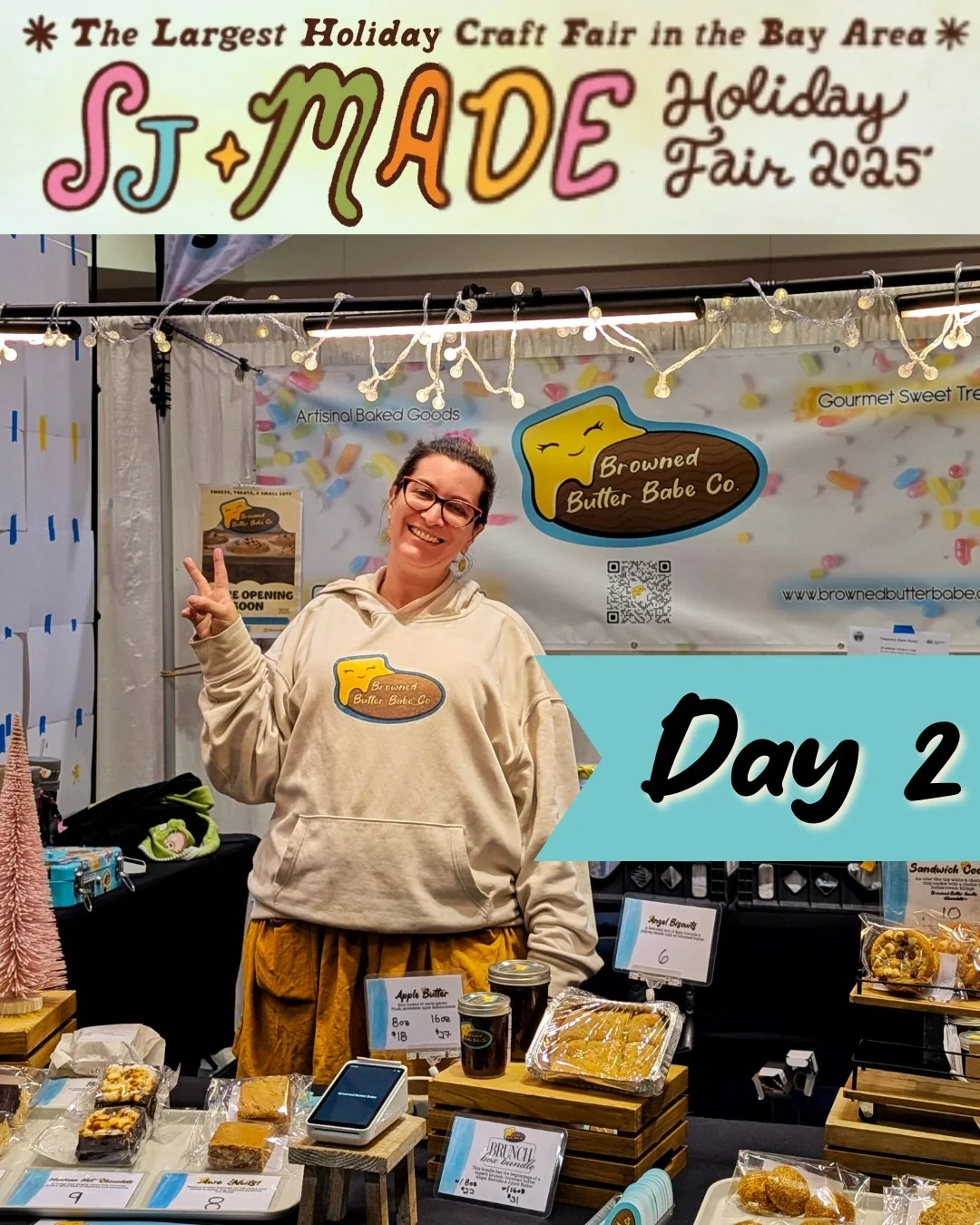 Day 2️⃣ of @sjmade Holiday Fair 2025!
Thank you to everyone who came it yesterday! 
We have restocked:
🌰 Pistachio de Resistance Rice Crispy Treat 
🟪 Ube-lucious Rice Crispy Treat
Running low on: 
🍫☕ Mexican Hot Chocolate Brownies
📍Santa Clara Co