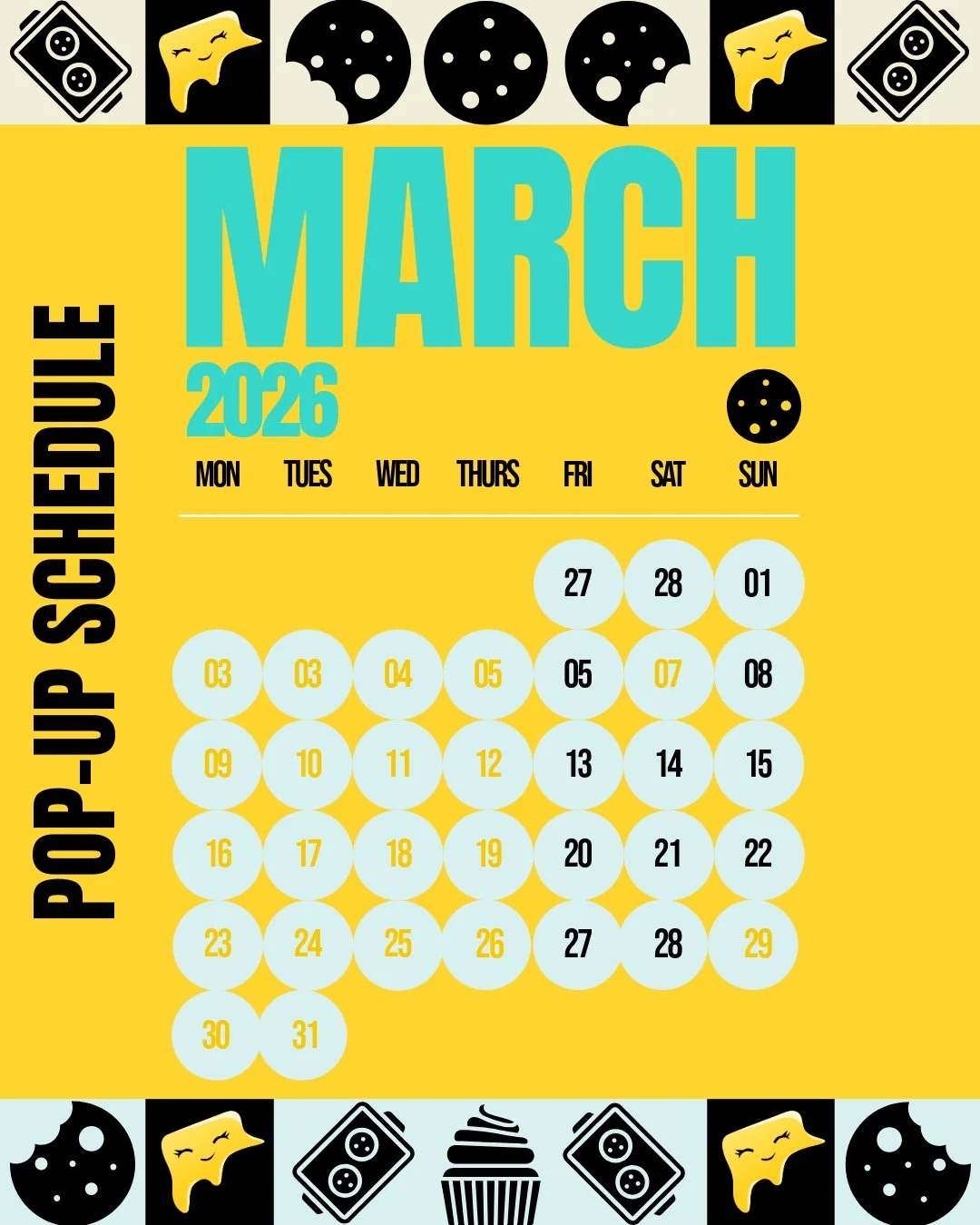 🍀 March Pop-up Schedule 🍀 
Here is our March pop-up schedule the date in black are the days we'll be at the storefront with fresh-baked goodies for y'all!
We're currently under construction so come by and see what's happening!
🗓️ Fridays 2pm - 5pm