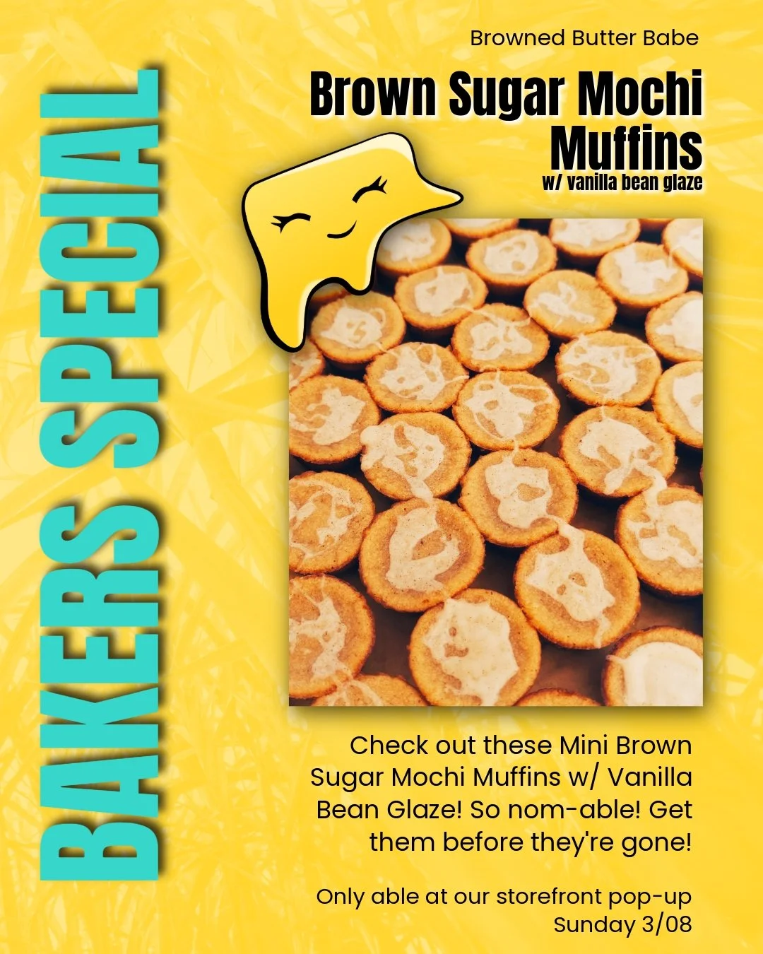 👩🏻&zwj;🍳 Bakers Special 👩🏻&zwj;🍳
Mini Brown Sugar Mochi Muffins w/ Vanilla Bean Glaze 
So nom-able! Get them before they're gone! 
We're popping up at the bakery from 12pm till a little after 5pm. Look for the canopy in the parking lot! 
▪️
#ba