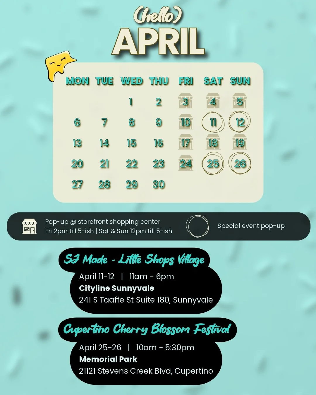 🌞 April Events Schedule 🌞
We're excited to add 2 fun events in addition to our shopping center pop-ups!
🎪 Little Shops Village @sjmade @citylinesunnyvale
🗓️ April 11 &amp; 12 | Sat &amp; Sun 11am-6pm
📍 Cityline Sunnyvale
241 S Taaffe St, Sunnyva