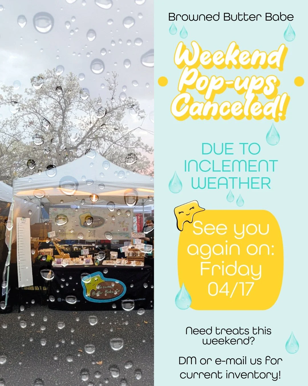 ☔ Weekend Pop-ups CANCELED ☔ 
Due with rainy and inclement weather we will not be popping up this weekend at Cityline with SJ Made or the shopping center where our storefont will be. 
If you need treats thiss weekend we do have a selection of rice cr