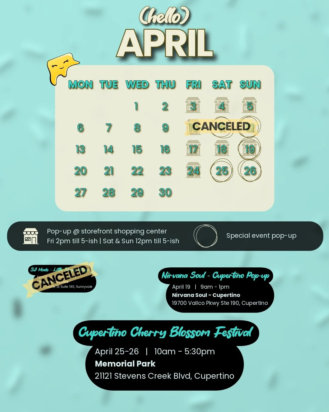 🌸 UPDATED April 2026 Events Schedule 🌸 
We're excited to add an additional pop-up @nscupertino. They are a local black-owned coffee shop roasting their own bean and brewing up delicious coffee &amp; lattes! 
Next week is the Cupertino Cherry Blosso