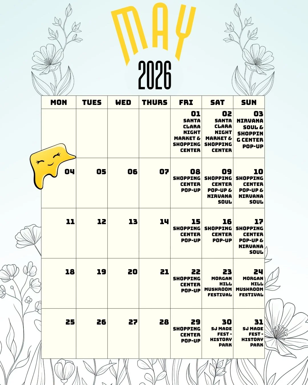 🌼 May Events 🌼
Check out our great line up of events! We're busy bees gearing up for our store opening in June1
Pleas to stop by our ongoing pop-ups at the our shopping center at the corner of Bollinger &amp; Miller and our pop-ups @nscupertino
▪️
