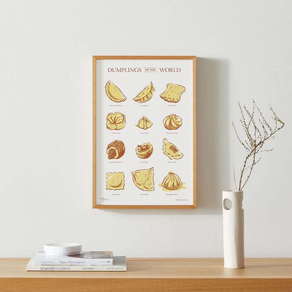 A photo of Nick Lacke's "Dumplings of the World" screen print.