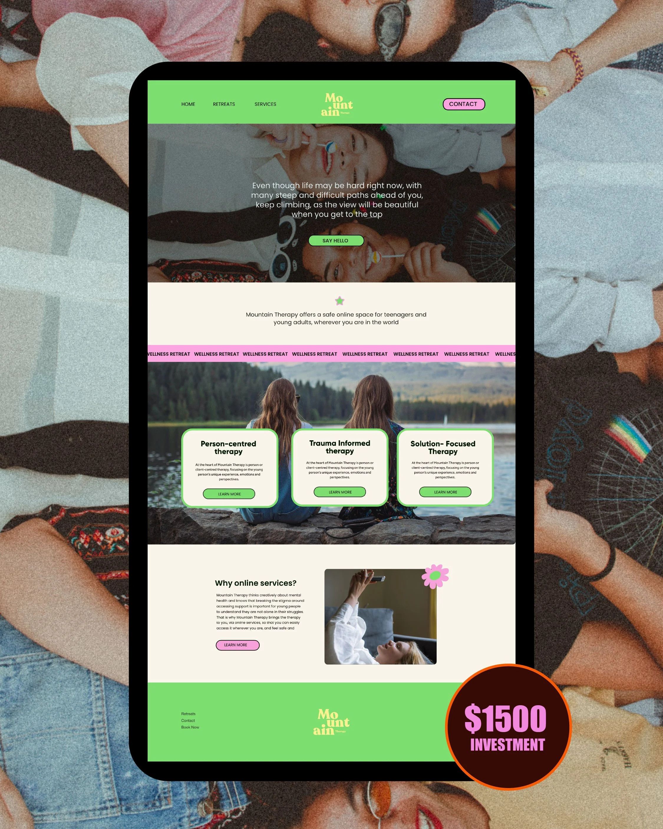 Screenshot of a website for Mountain Therapy, offering online mental health services. The page features a green header with navigation options, a hero section with a background photo of smiling teenagers, and sections detailing different therapy options like person-centered, trauma-informed, and solution-focused therapy. The site promotes online services for teens and young adults with a highlighted investment of $1500.
