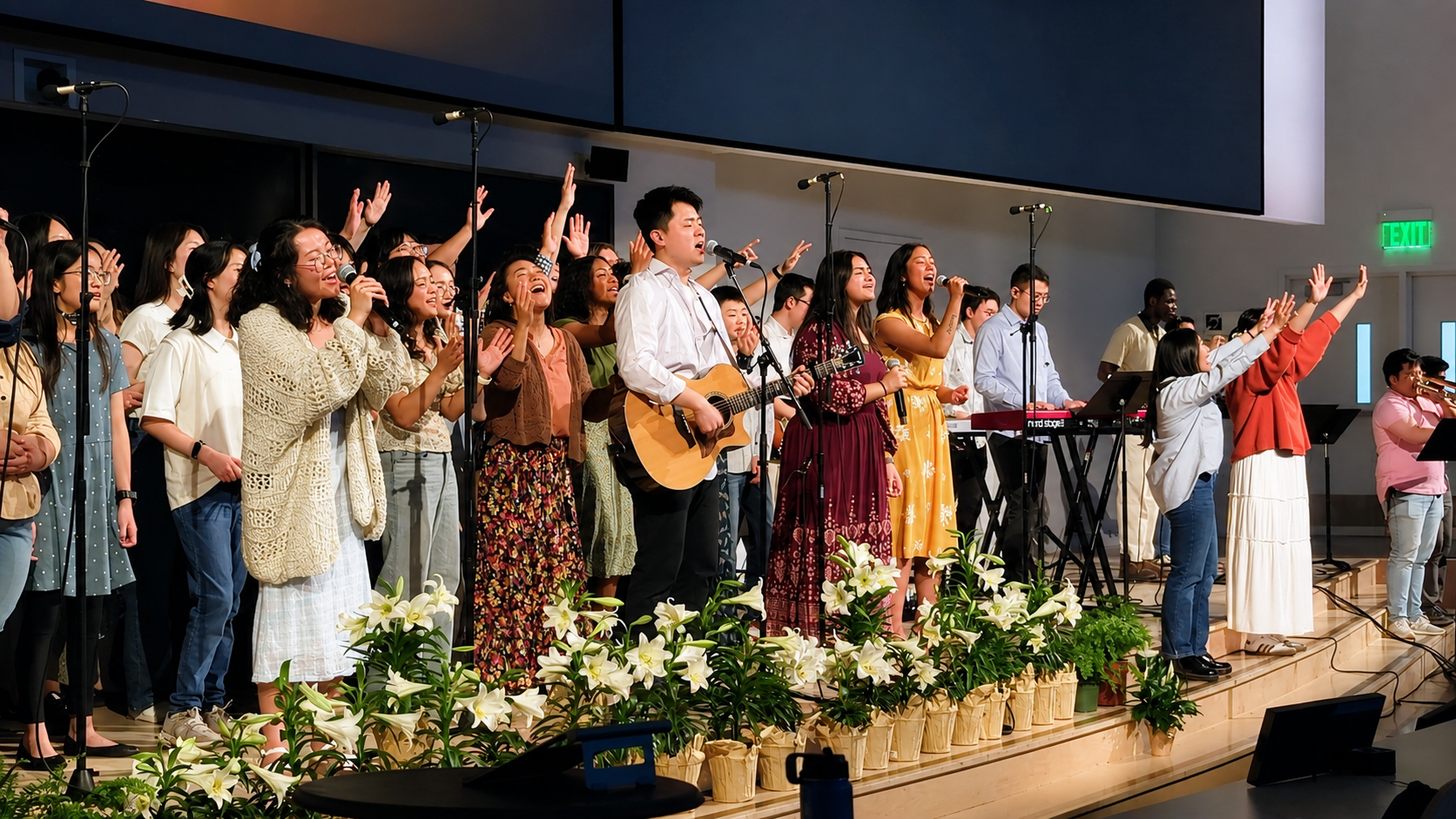 A group of UC Davis alum and students singing and playing musical instruments on a stage, with some raising their hands and flowers at the front.