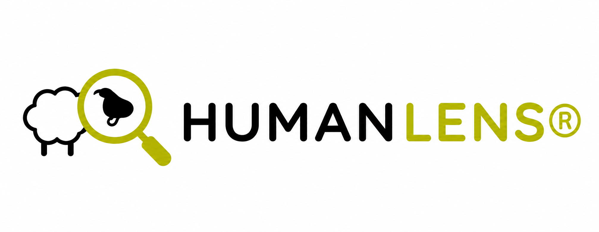 Logo for Human Lens with a sheep icon, a magnifying glass, and the words 'HUMAN LENS' in black and green.