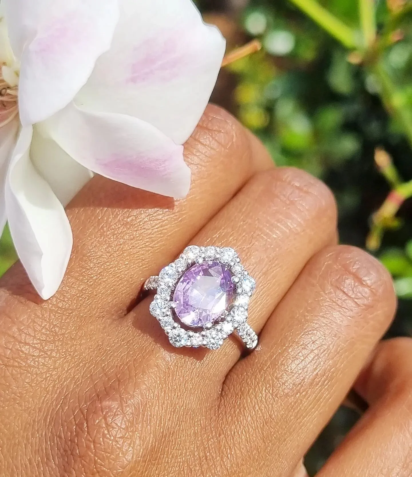 What do you think about this custom sapphire engagment ring? It's always fun tracking down interesting or unique gems that are the perfect fit. This 2.59ct unheated Madagascan Sapphire displays both lavender and bright pink hues under different light