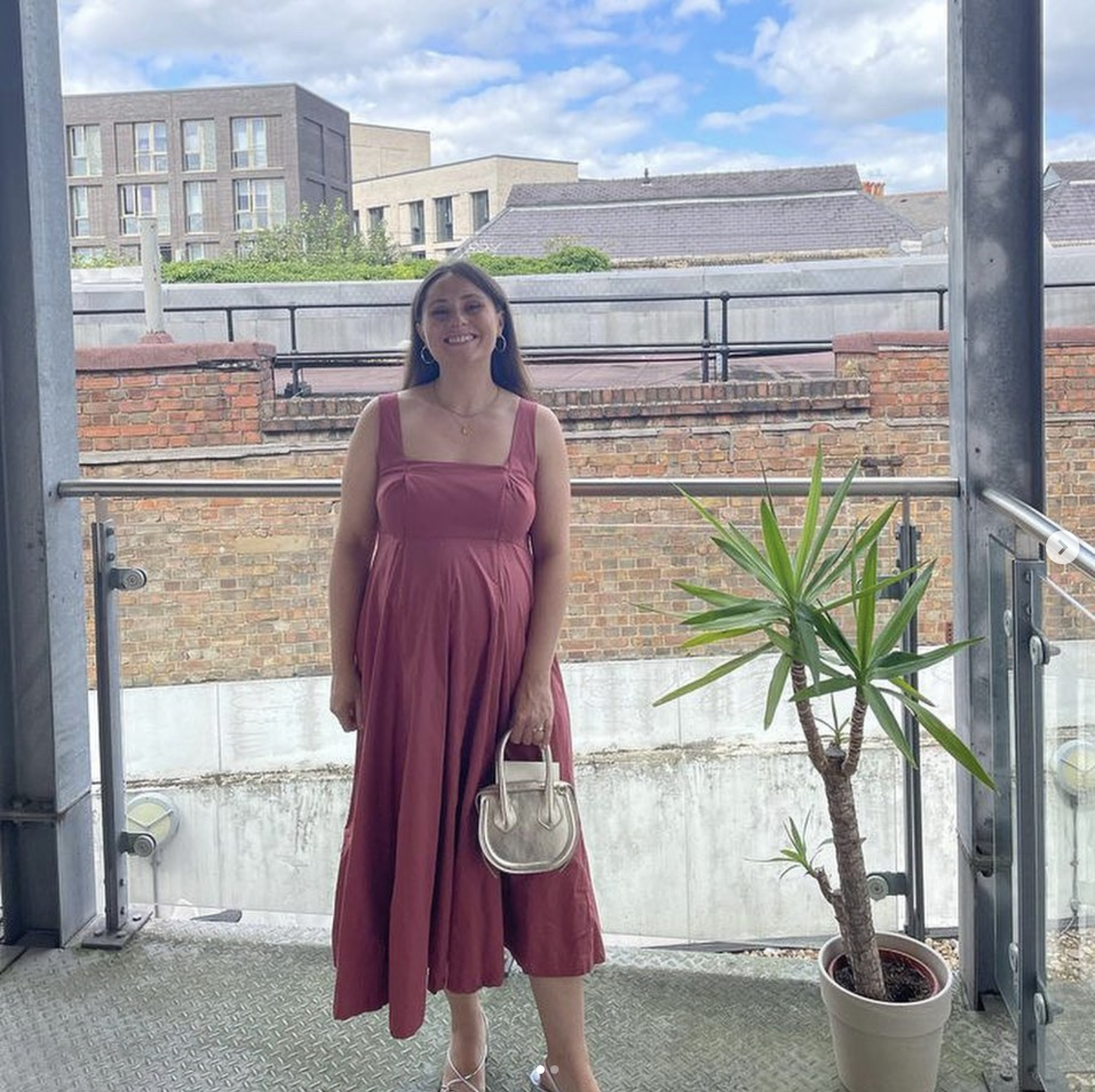A woman in a long pink dress is standing on a balcony next to a potted plant with long green leaves. She is holding a beige handbag and smiling at the camera. The background shows a brick wall, modern buildings, and a partly cloudy sky.