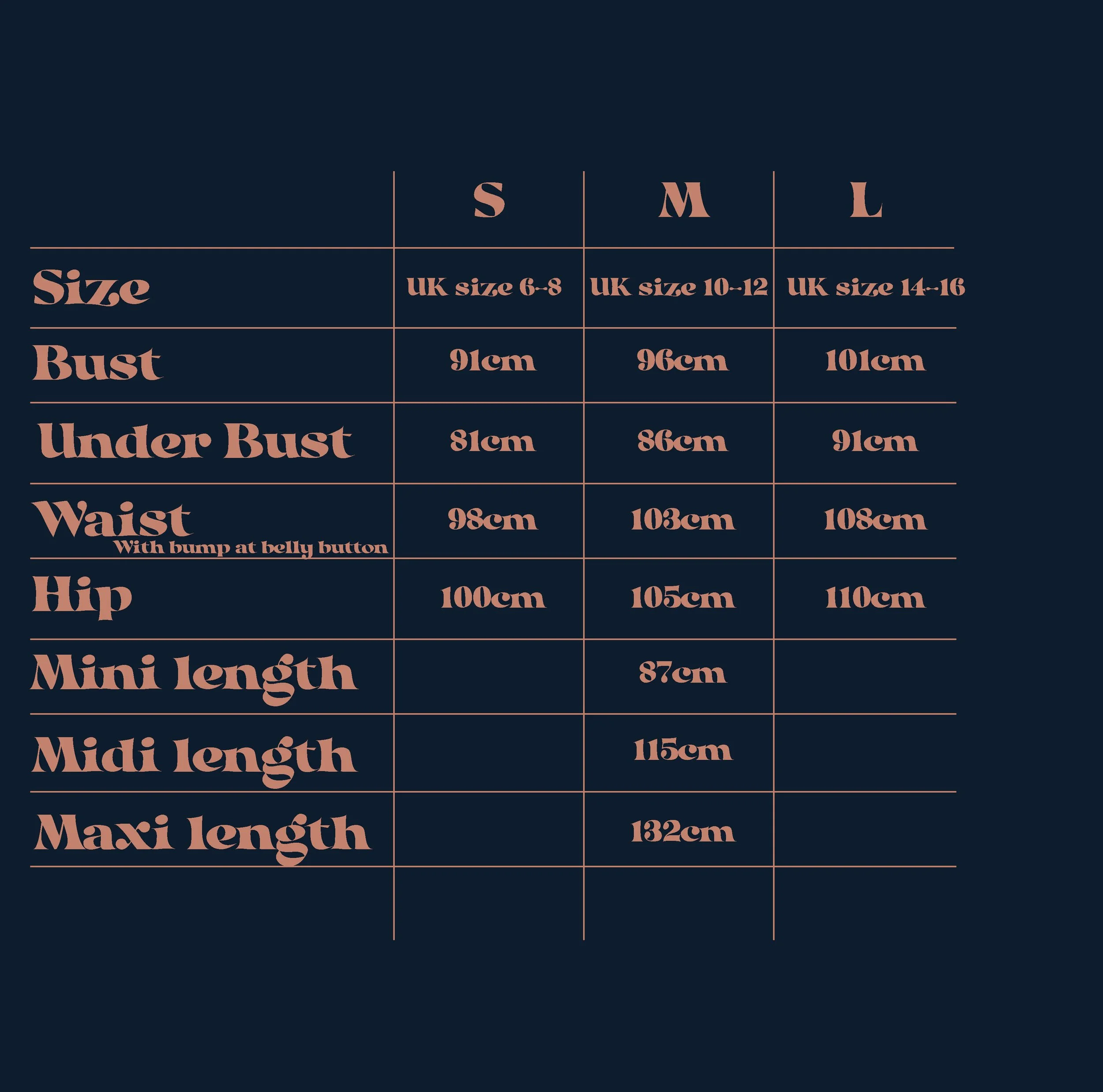 Size chart with bust, waist, hip, and length measurements for small, medium, and large sizes