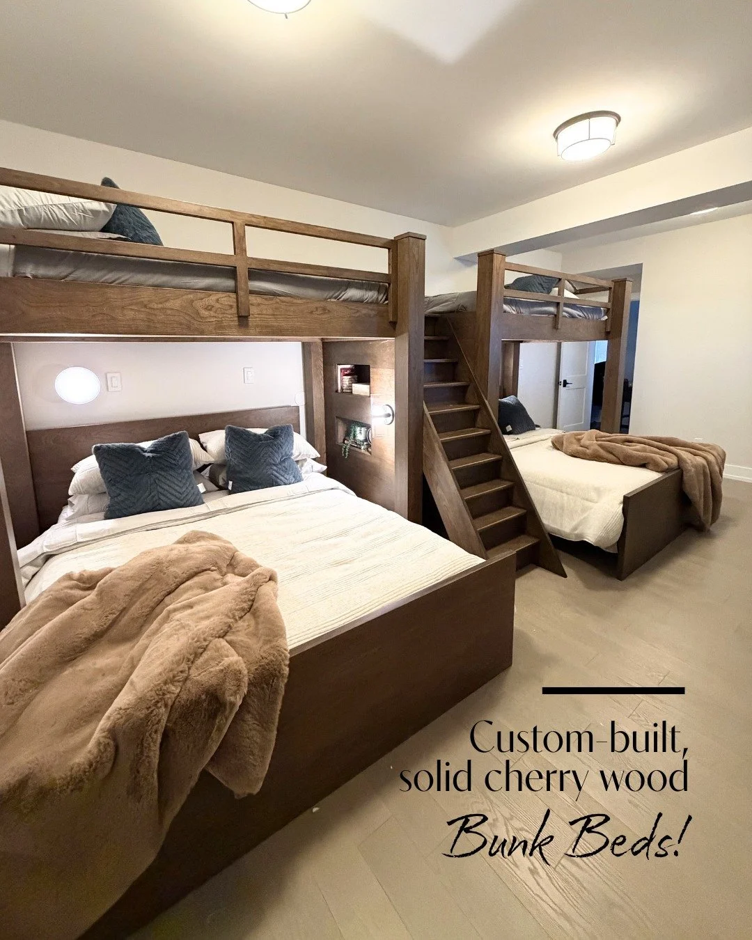 Custom-built, solid cherry bunk beds designed to withstand both kids and adults&mdash;perfect for family stays at the cottage. Thoughtfully configured with a queen on the lower level and extra-large twins above, plus a built-in staircase with cubbies