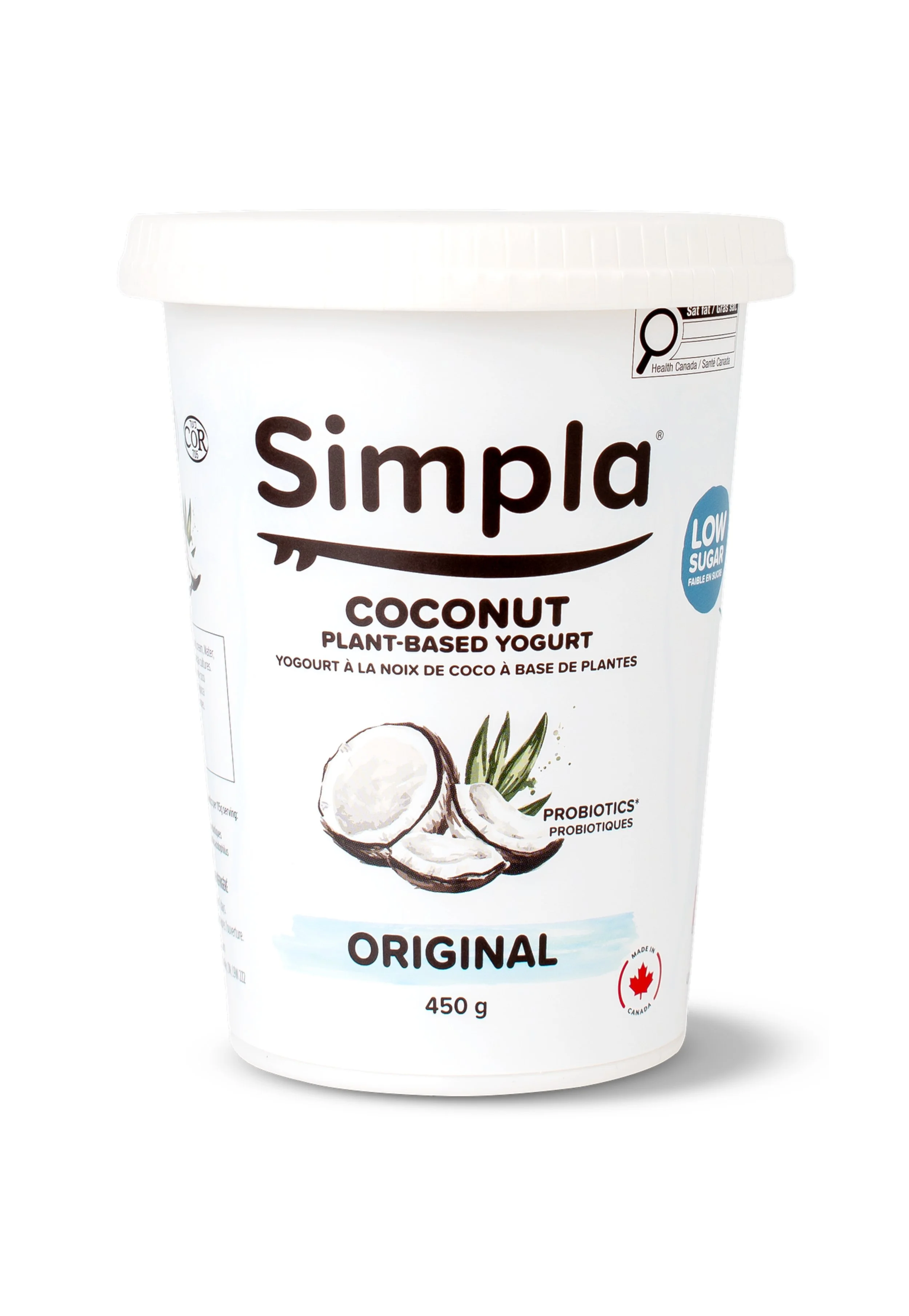 A container of Simpla coconut plant-based yogurt. Dairy free coconut yogurt. The best coconut yogurt in Canada.