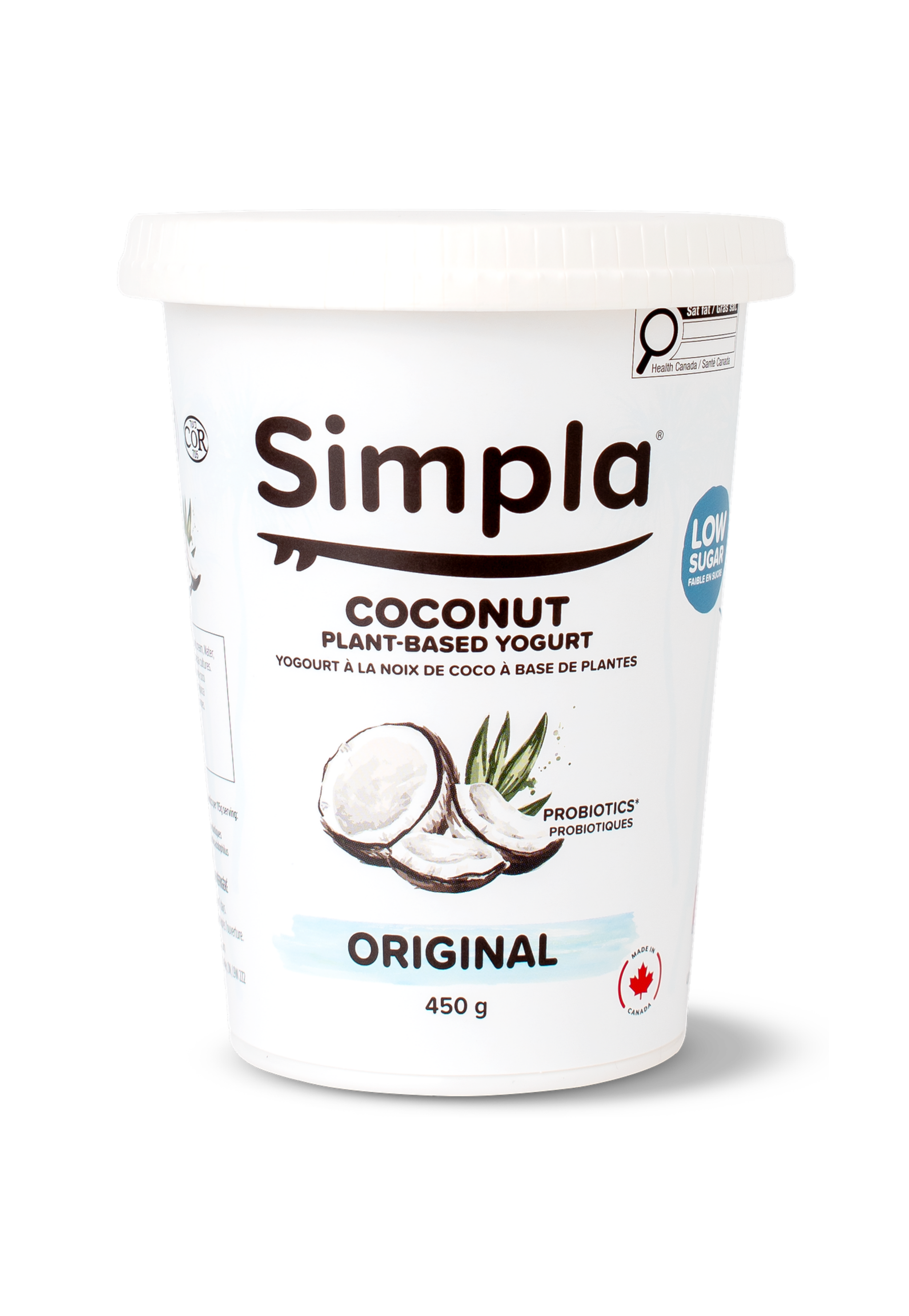 A container of Simpla coconut plant-based yogurt. Dairy free coconut yogurt. The best coconut yogurt in Canada.