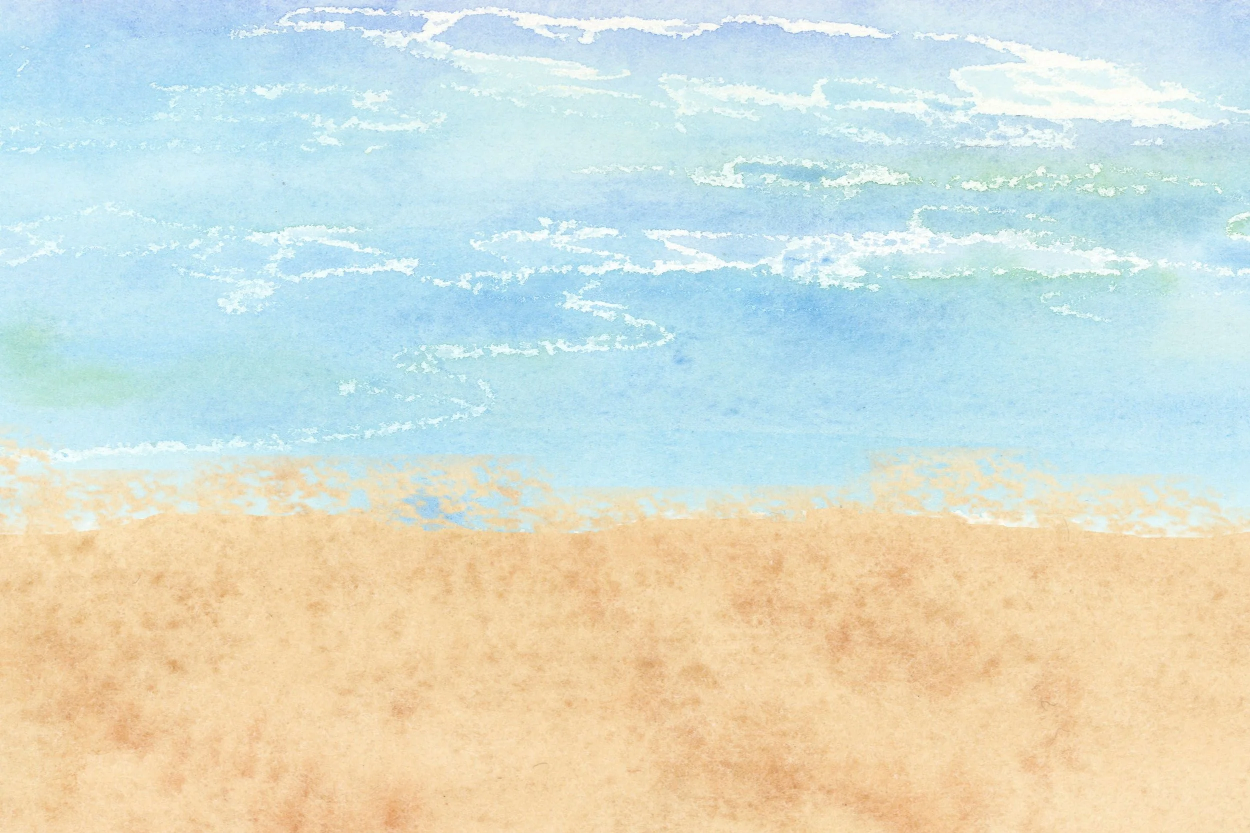 A beach scene with a sandy shore in the foreground, blue sky with scattered clouds, and the ocean in the background.